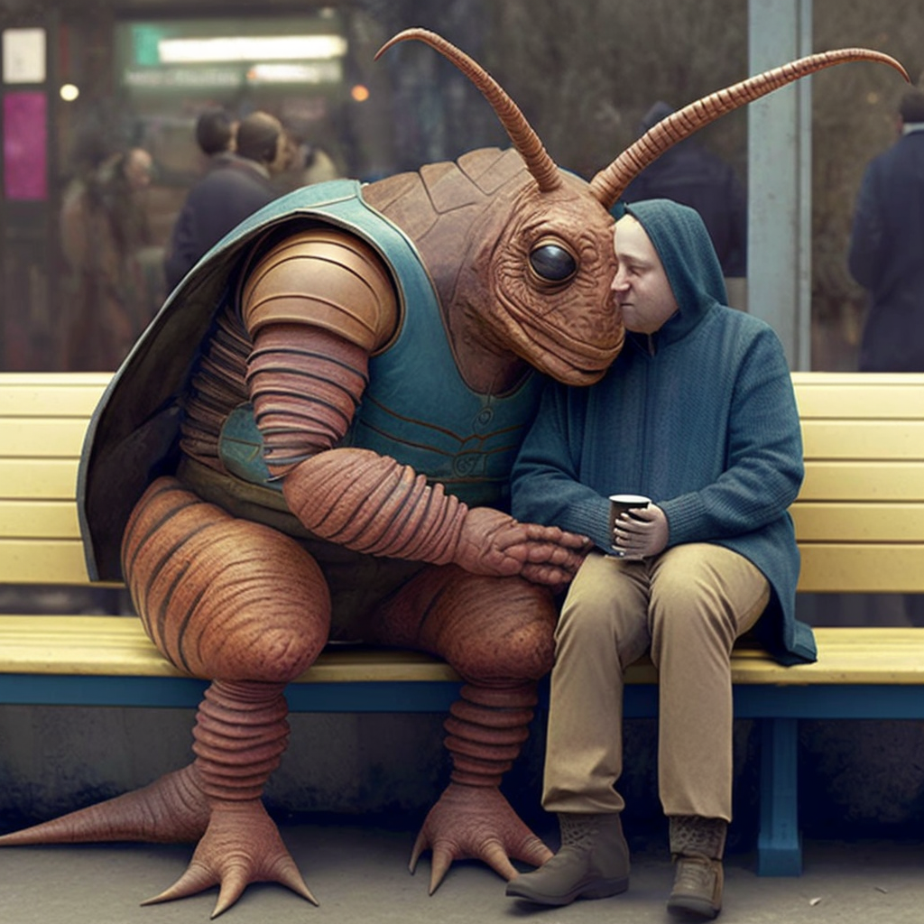A human-sized insect, from the order blattodea, sits on a park bench in front of windows cuddling a man wearing a blue hoodie and khaki pants holding a cup of coffee. Through the windows are various people. 