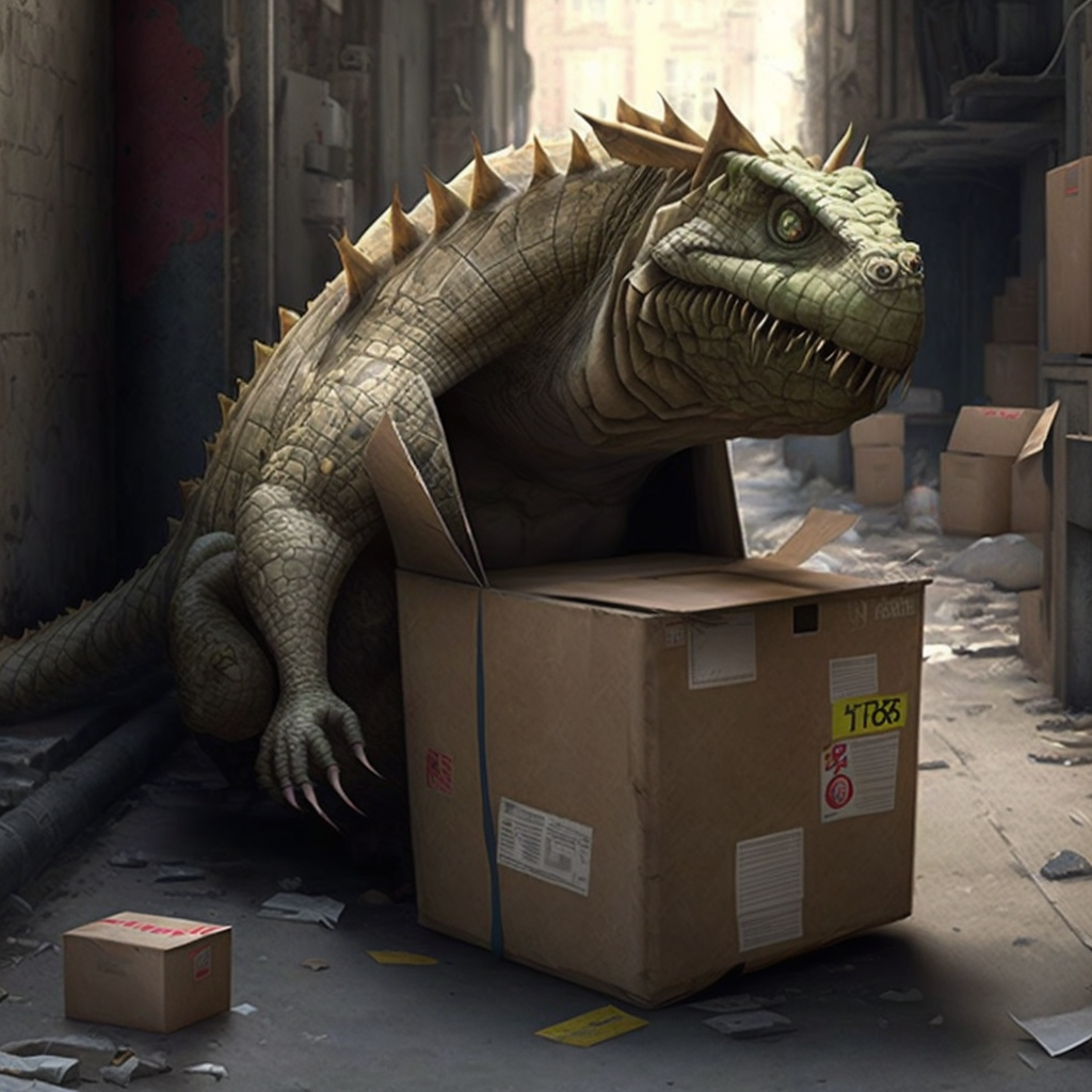 A human sized lizard monster creature with spikes along its arms and head, fangs, and claws delivering a package in an alleyway. 