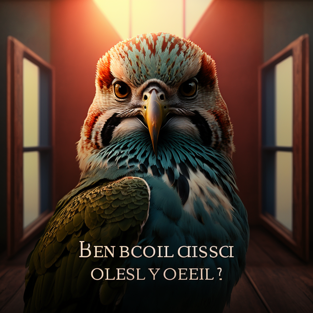 A half owl-half hawk looks at you while in a room adorned with wood paneling and frosted windows. There is some gibberish text at the bottom: Ben Bcoil Aissci Olesl Y Oeeil?